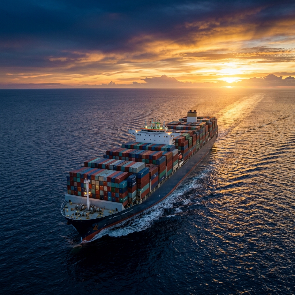 Container ship at golden hour on open ocean